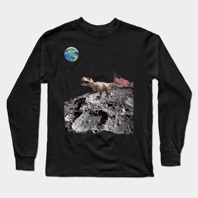 Giant T-rex on Moon Long Sleeve T-Shirt by GMAT